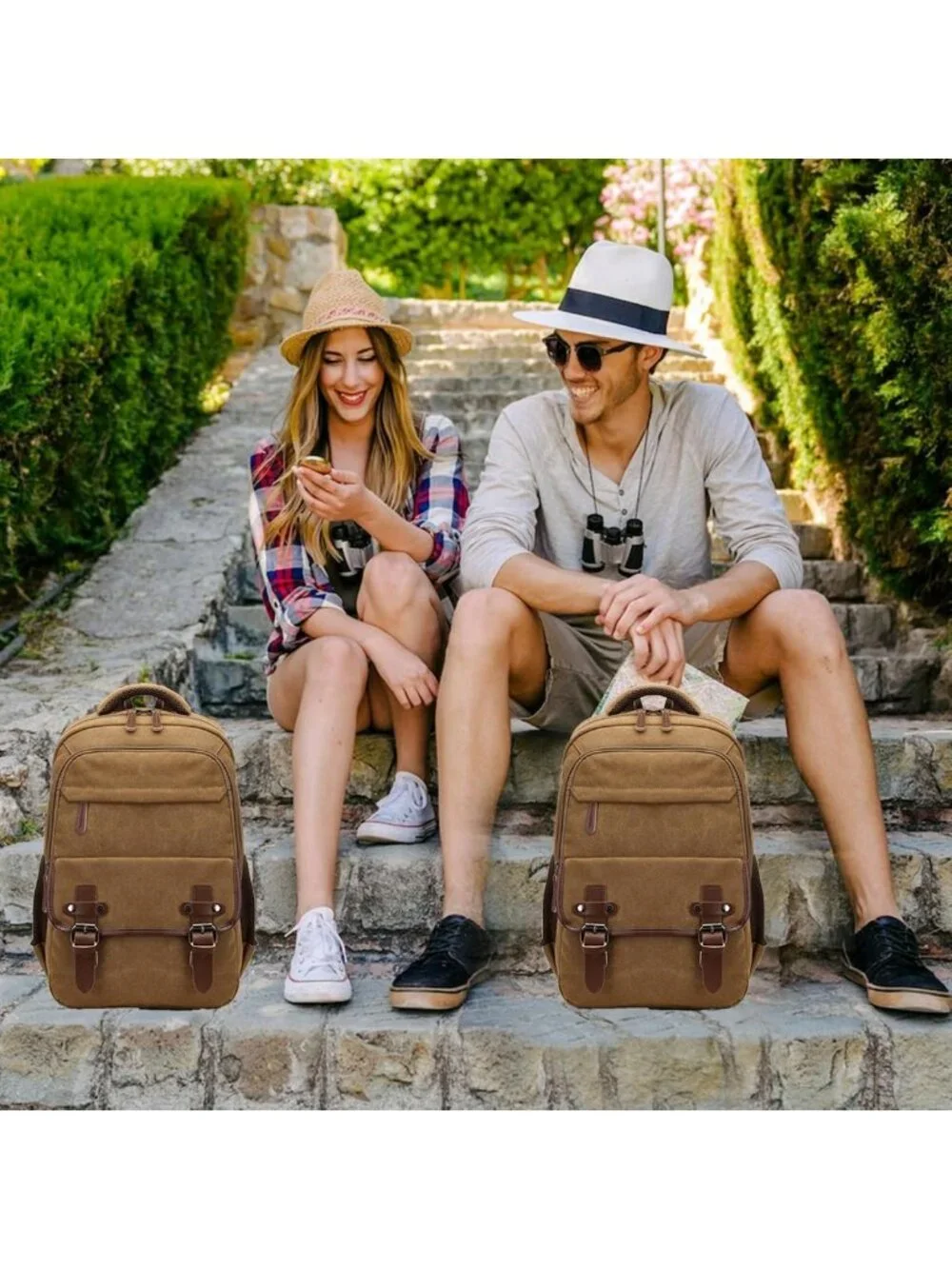 Vintage Canvas Laptop Backpack with USB Charging Port, Brown Travel Rucksack for